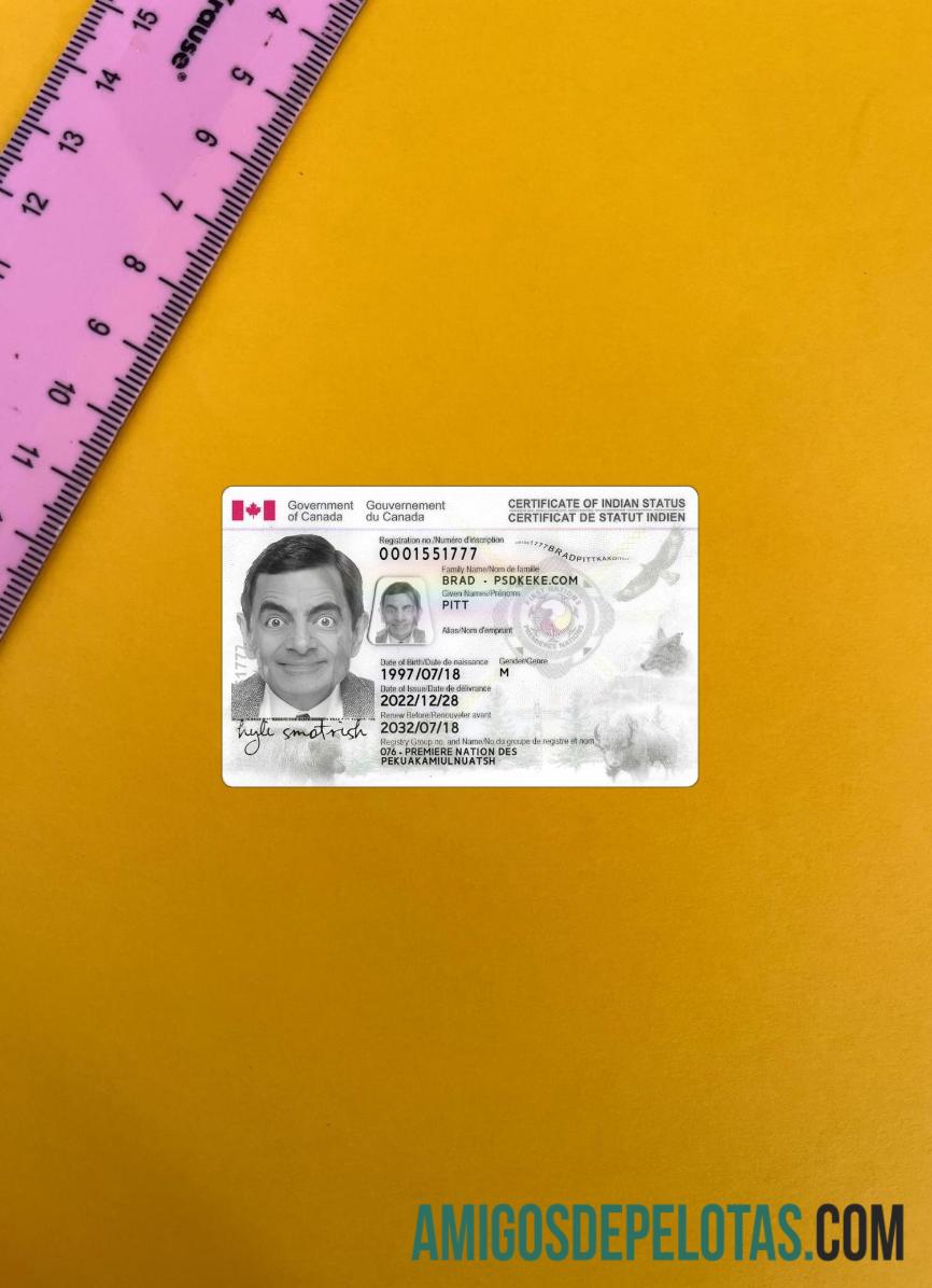 Canada Indian Status ID Card olhar de foto frente exemplo
